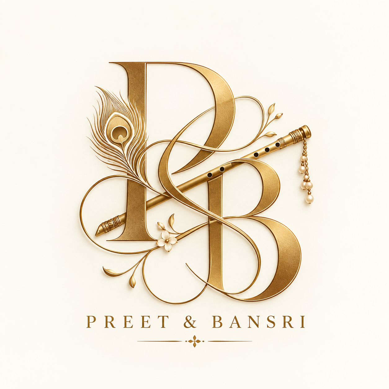 Preet and Bansri initials with peacock feather and flute